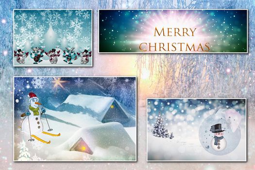 Four pictures on the theme of Christmas combined into a collage. Presented on the background of the winter forest, there is a place for your text.