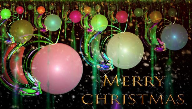 Beautiful Christmas background-snowflakes, colorful balloons, colorful ribbons on a dark background with a greeting inscription