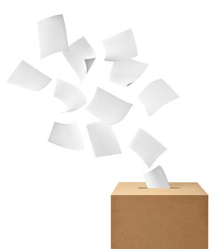 close up of a ballot box and flying papers casting vote on white background