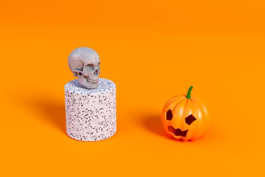 Halloween pumpkin and white skull face to face on a orange background. 3d render