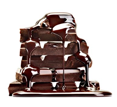 close up of chocolate pieces stack and chocolate syrup on white background