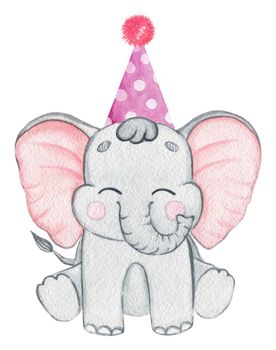 Watercolor elephant in pink party hat isolated on white background. Hand drawn baby animal illustration