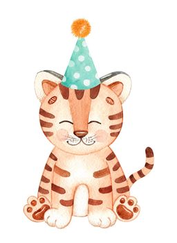 Watercolor baby tiger in party hat isolated on white background. Hand drawn animal illustration