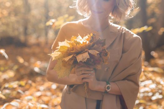 Woman holding bouquet of autumn maple leaves. Season and fall concept