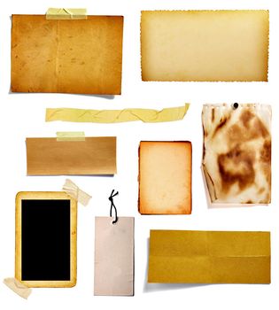 collection of various vintage note paper, tape, price label, wood sign on white background