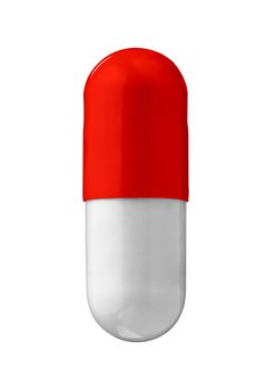 close up of a white red pill on white background