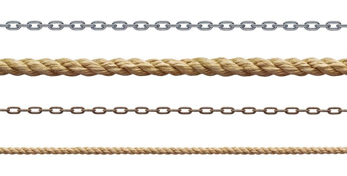 collection of various rope and chain on white background. each one is shot separately