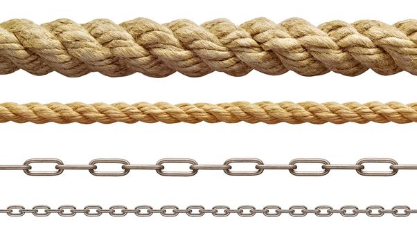 collection of various rope and chain on white background. each one is shot separately