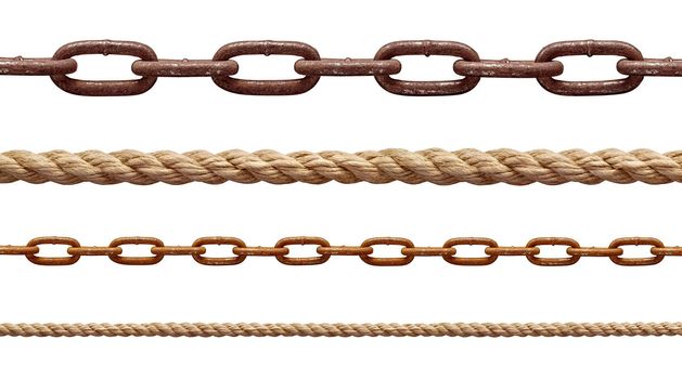 collection of various rope and chain on white background. each one is shot separately