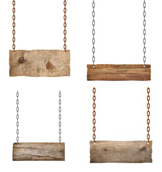 wooden blank sign hanging with chain and rope on white background