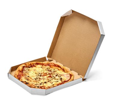 close up of a pizza in the box on white backgroubd