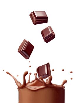 close up of a chocolate milk splash on white background