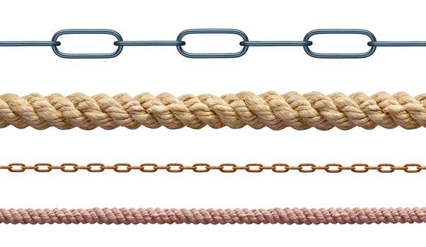 collection of various rope and chain on white background. each one is shot separately