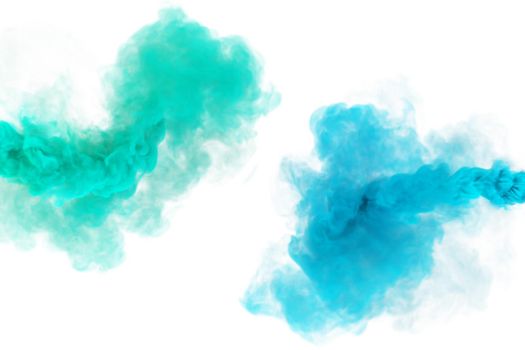 Menthol green and blue plumes of smoke. Marine blue and green 3D render abstract fog texture on a white background for fest and fan party decoration