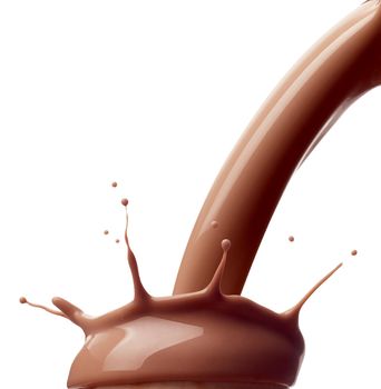 close up of a chocolate milk splash on white background