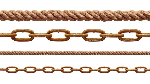 collection of various rope and chain on white background. each one is shot separately