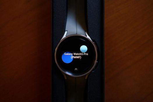 Granada, Andalusia, Spain - September 28th, 2022: New Samsung Watch 5 Pro in its box.