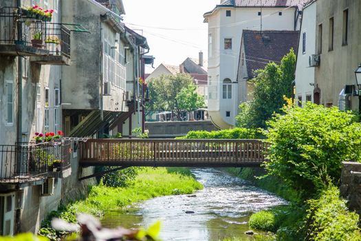 The colorful street view and the water canal of medieval town of Samobor, Croatia