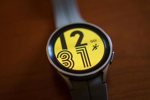Granada, Andalusia, Spain - September 28th, 2022: New Samsung Watch 5 Pro in its box with different watch faces .