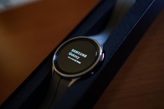 Granada, Andalusia, Spain - September 28th, 2022: New Samsung Watch 5 Pro in its box. Samsung logo on the display.