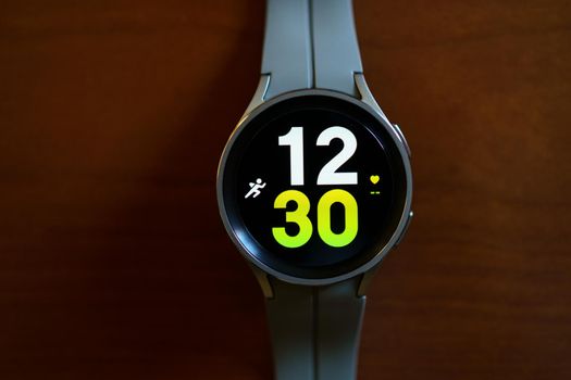 Granada, Andalusia, Spain - September 28th, 2022: New Samsung Watch 5 Pro in its box with different watch faces .