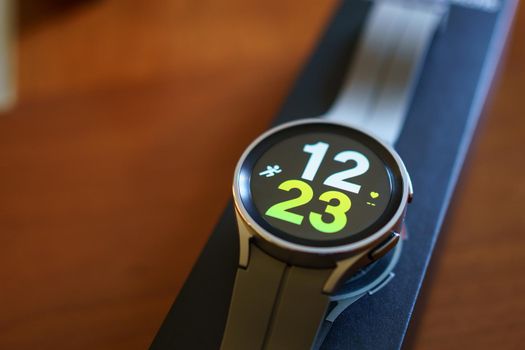 Granada, Andalusia, Spain - September 28th, 2022: New Samsung Watch 5 Pro in its box New Samsung Watch 5 Pro in its box with different watch faces .