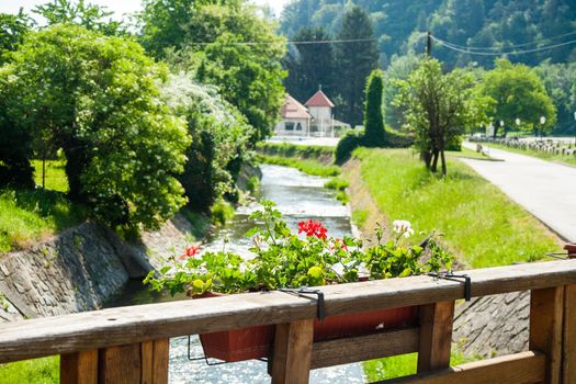 The colorful street view and the water canal of medieval town of Samobor, Croatia