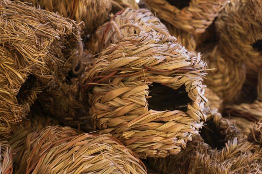 Wicker round houses for birds handmade close up