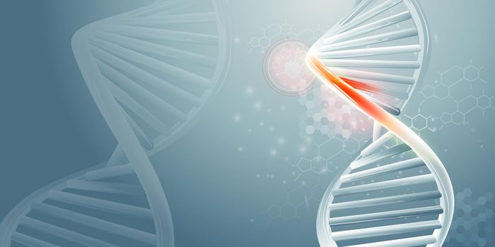 DNA double helix structure and infographics of scientific research on blue gray background.