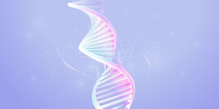 Model of abstract DNA double helix on a pale violet background.