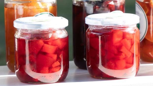 Glass jars with jam close-up. High quality photo