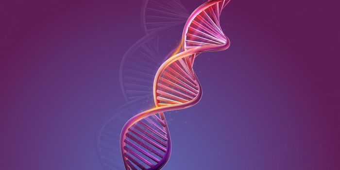 Abstract DNA molecule structure strands on a purple background.
