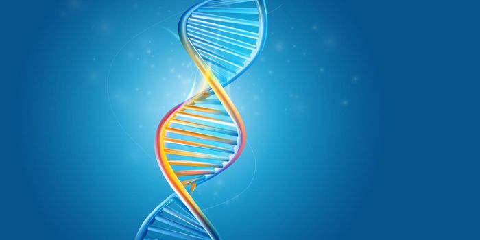 Vertical model of double helix DNA with a golden glow on a blue background.