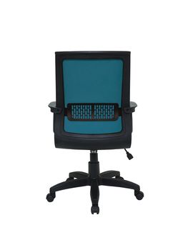 blue office fabric armchair on wheels isolated on white background, back view. modern furniture, interior, home design
