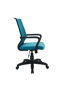 blue office fabric armchair on wheels isolated on white background, side view. modern furniture, interior, home design