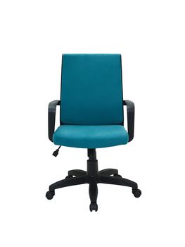 blue office fabric armchair on wheels isolated on white background, front view. modern furniture, interior, home design