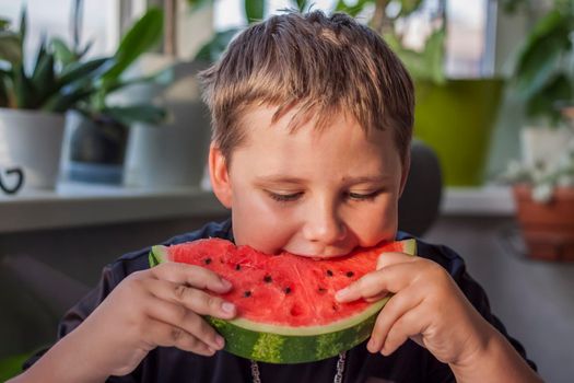 Cute boy eating watermelon at home. Real emotions without posing. children