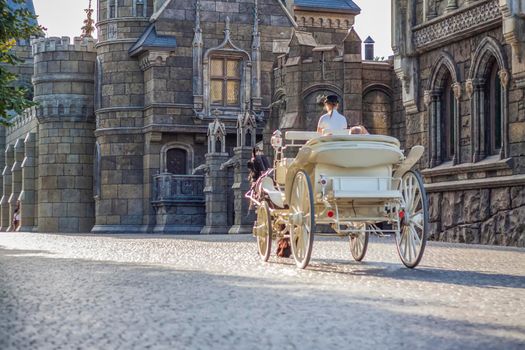 2022-08-16 Russia, Samara, Garibaldi Castle Tourist Center in the village of Khryashchevka, Samara region. The rider drives the carriage around the Castle.