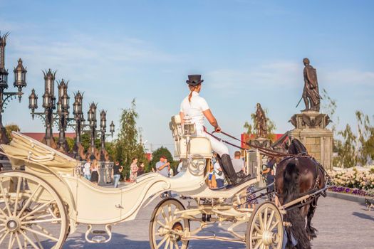 The rider drives a white carriage through the territory of the tourist complex. Elements of Gothic.