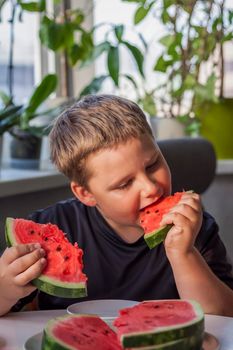 Cute boy eating watermelon at home. Real emotions without posing. children