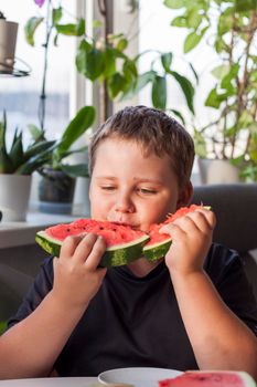 Cute boy eating watermelon at home. Real emotions without posing. children