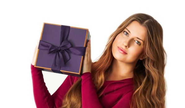 Birthday, Christmas or holiday present, happy woman holding a purple gift or luxury beauty box subscription delivery isolated on white background, portrait