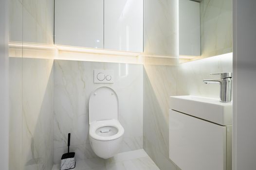 New ceramic toilet bowl in a white toilet room interior