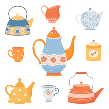 set of colorful teapots and cups In simple cartoon style. vector illustration isolated on white background