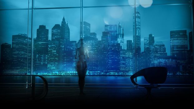 An android standing in the office in front of a panoramic window overlooking the night cityscape. 3D render.