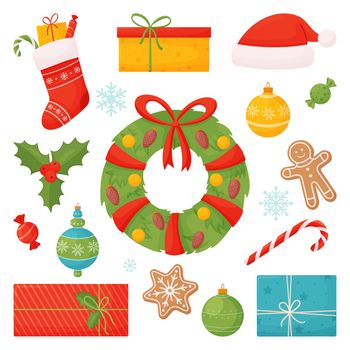 Vector set of holiday elements with Christmas balls, gingerbread, Rozhdestvenskaya wreath, gifts, Christmas sock. Vector illustration isolated on white background.