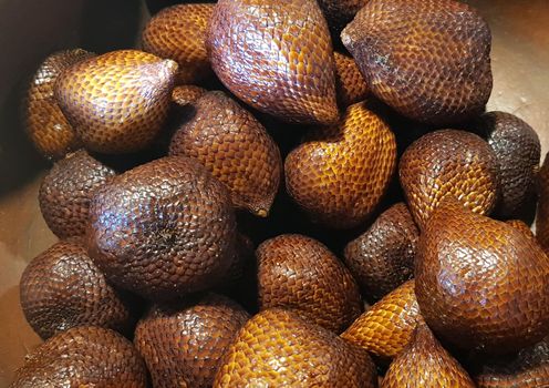 group of snake fruit or called salak in local indonesian language is a type of palm fruit commonly eaten also known as sala, the scientific name is Salacca zalacca.