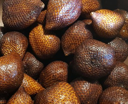 group of snake fruit or called salak in local indonesian language is a type of palm fruit commonly eaten also known as sala, the scientific name is Salacca zalacca.