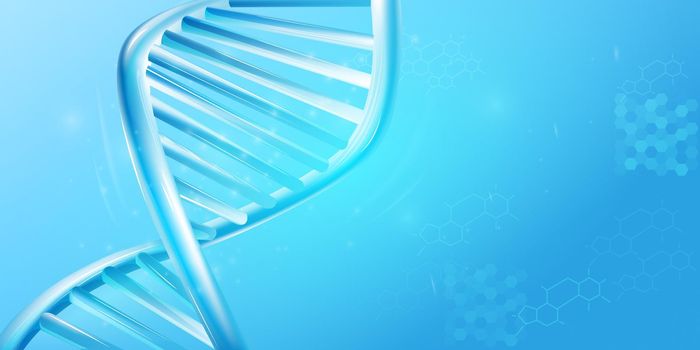 Close-up of a fragment of DNA structure on a light blue background.