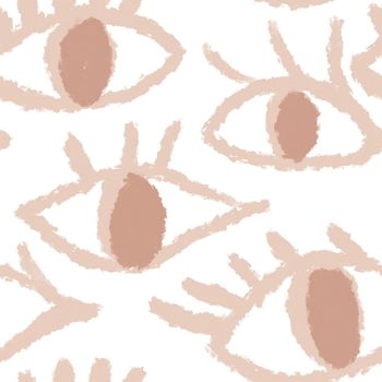 Seamless hand drawn pattern with beige evil third eye, traditional ethnic evil protection background. Pastel open eye eyelashes, boho bohemian trendy fabric print